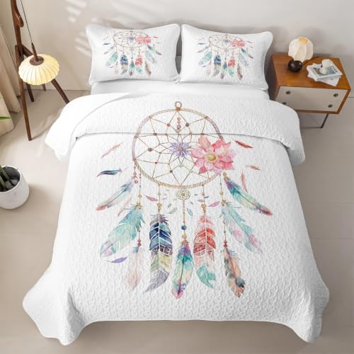 Queen Dream Catcher Quilt Set Boho Feather Bedding Coverlet with Pillows - Blue Red