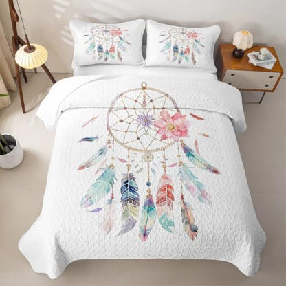 Queen Dream Catcher Quilt Set Boho Feather Bedding Coverlet with Pillows - Blue Red