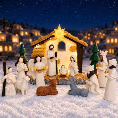 15-Piece Christmas Nativity Scene Set with Lighted Stable and Figures