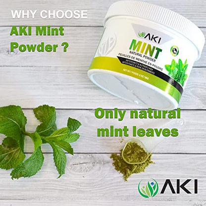 AKI Refreshing Mint Leaves Powder - Non-GMO, and Vegan Friendly | May Supports Digestion and Useful in Flavoring, Cooking, Baking, Drinks Tea, Cocktails, (3 Oz / 85g)