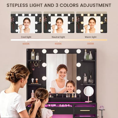 35.4 Inch Makeup Vanity Desk with Mirror, Lights & Glass Top – Black