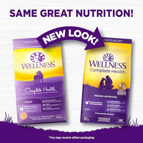 Wellness Complete Health Dry Dog Food with Grains, Natural Ingredients, Made in USA with Real Meat, All Breeds, For Adult Dogs (Chicken & Oatmeal, 5-Pound Bag)