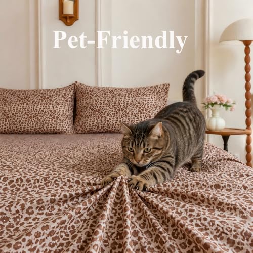 Queen 100% Cotton Leopard Sheet Set - Brown, Soft Breathable Bedding