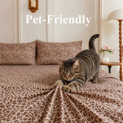 Queen 100% Cotton Leopard Sheet Set - Brown, Soft Breathable Bedding