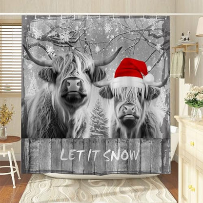 Christmas Highland Cow Shower Curtain 70x70 Inch - Grey Bathroom Decor