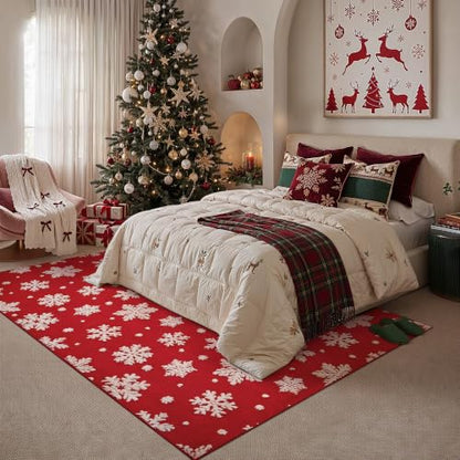Red Snowflake Christmas Area Rug 5x7ft Washable Non-Slip Indoor Carpet - HUGEAR
