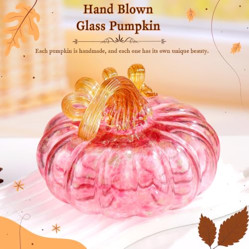 Pink Glass Pumpkin Halloween Fall Decor - 5.11 Inch Tabletop Centerpiece