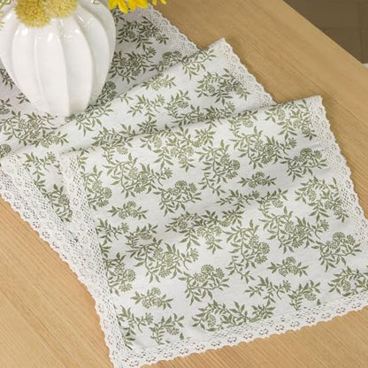 Vintage Floral Table Runner with Lace Trim - Olive Green, 14x90 Inch