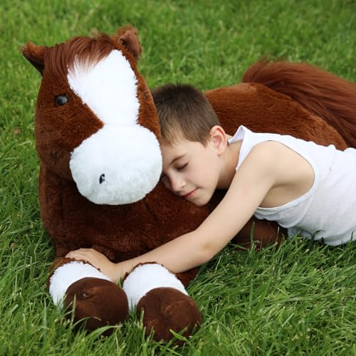 Giant Horse Plush Body Pillow - 4ft Life-Size Chocolate Horse Cuddle Toy - Kids & Adults