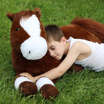 Giant Horse Plush Body Pillow - 4ft Life-Size Chocolate Horse Cuddle Toy - Kids & Adults