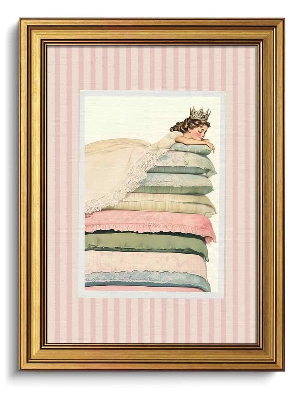 Princess and the Pea Gold Framed Wall Art Fairy Tale Bedroom Decor 12x16in