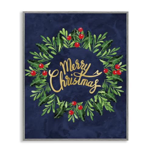 Merry Christmas Holly Wreath Framed Giclée Print - Grey 24x30 in Holiday Decor