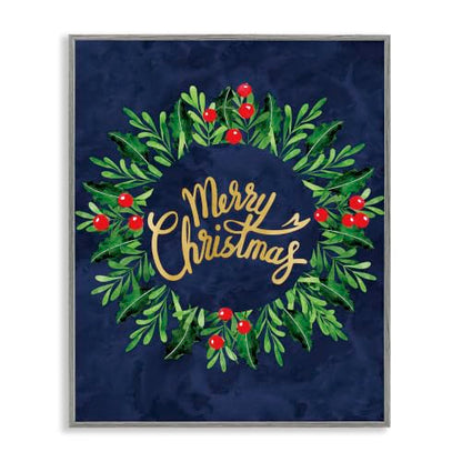 Merry Christmas Holly Wreath Framed Giclée Print - Grey 24x30 in Holiday Decor