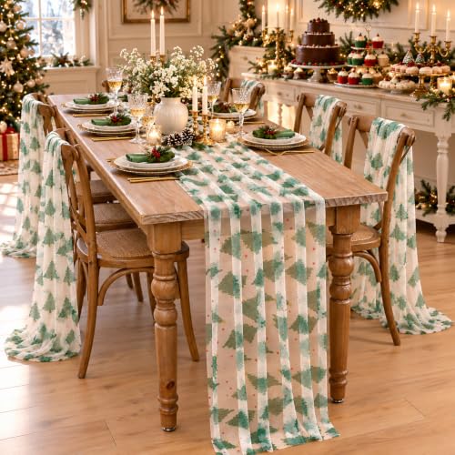 Green Christmas Tree Tulle Table Runner 120 Inch - Holiday Table Decor