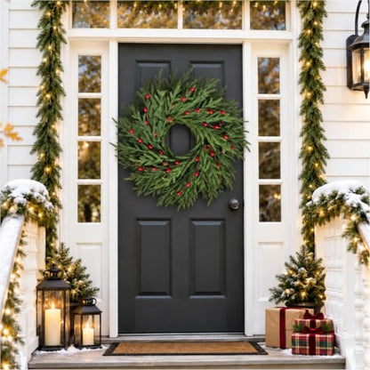 24 Inch Pre-Lit Cedar Christmas Wreath with Red Berries and Pinecones