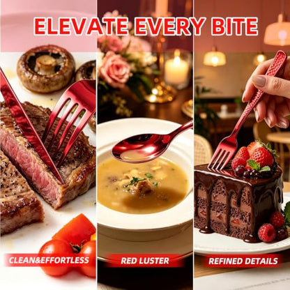 Red Plastic Silverware Set - 300 Count for 100 Guests, Festive Disposable Cutlery with Hammered Design - Variation of 300 Count Red Set