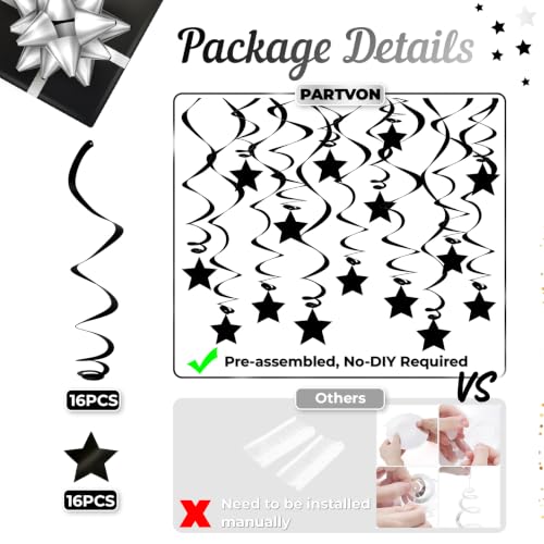 Black Party Streamers Pack - Swirls & Star Toppers for Halloween & Birthday Decorations