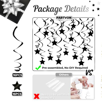 Black Party Streamers Pack - Swirls & Star Toppers for Halloween & Birthday Decorations