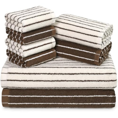 Brown and Ivory 8-Piece Cotton Towel Set - Striped Bath Towels & Washcloths
