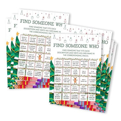 Christmas Find Someone Who Game Cards Set - Holiday Party Bingo for Adults & Families