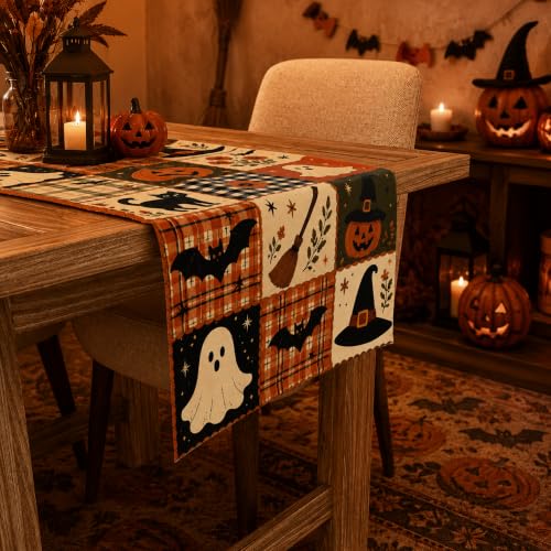 Halloween Patchwork Table Runner - Rustic Farmhouse Style, 73x13.8 Inches