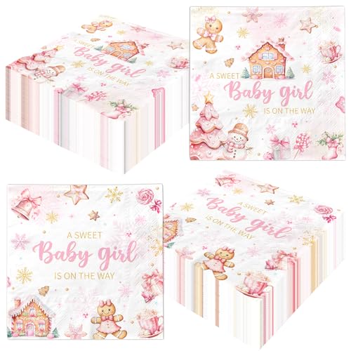 Christmas Gingerbread Baby Shower Napkins - Pink 48 Pack for Holiday Parties
