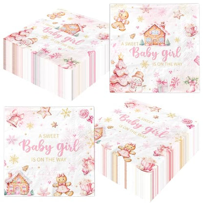 Christmas Gingerbread Baby Shower Napkins - Pink 48 Pack for Holiday Parties