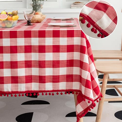 Jubilantex Buffalo Plaid Tablecloth Red White 54x54 Inches with Tassels - Square