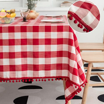 Jubilantex Buffalo Plaid Tablecloth Red White 54x54 Inches with Tassels - Square