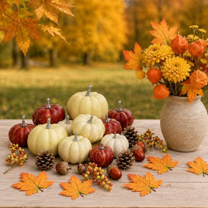LEBERY Cream Mini Artificial Pumpkin Fall Set with Harvest Decorations