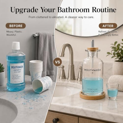 Refillable Glass Mouthwash Dispenser Set with Cup & Bamboo Tray - Clear