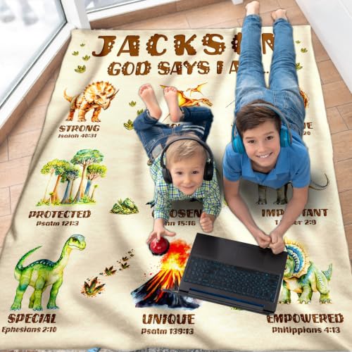 Personalized Dinosaur Blanket for Boys - Christian God Says I Am - Beige, 50x60 Inches