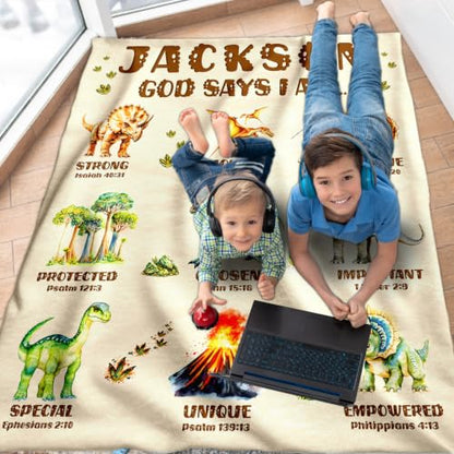 Personalized Dinosaur Blanket for Boys - Christian God Says I Am - Beige, 50x60 Inches