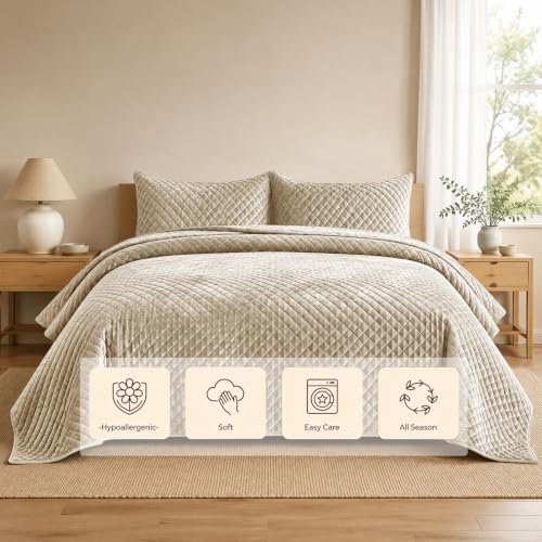 Beige Velvet Cal King Quilt Set 106x118 with 2 Pillow Shams - Fluffy Slumbers