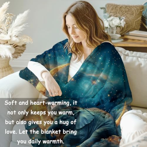 Elephant Moon Star Fleece Blanket 50x60 Inches for Kids & Adults - Cozy Gift