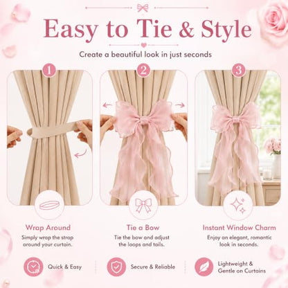 French Silky Bow Curtain Tiebacks - Pink Decorative Window Holdbacks