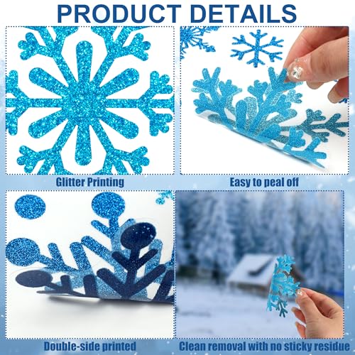 9 Sheets Glitter Snowflake Window Clings for Christmas Holiday Decor - Blue & Silver