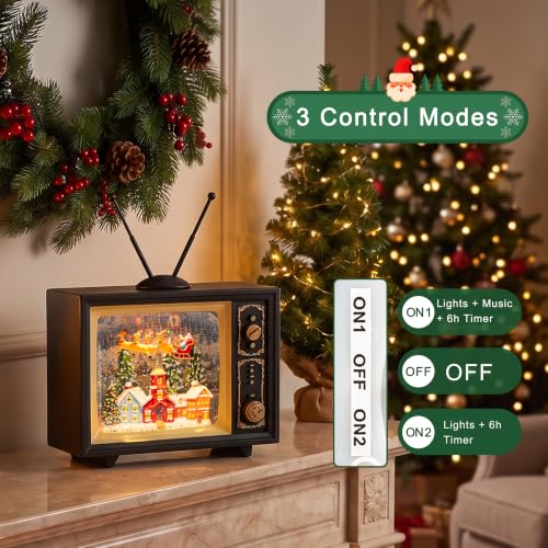 Christmas Snow Globe TV Lantern with Music & Light, 9-Inch Santa & Reindeer Scene
