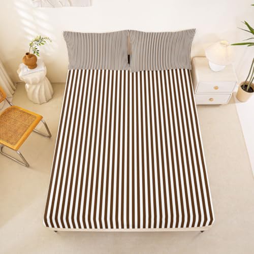 Brown White Stripe Bed Sheets Queen Size Bedding Set with Deep Pockets