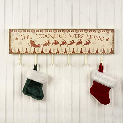 Rustic Christmas Stocking Holder Wall Hook Board - 20" x 5" with 6 Hooks - The Stockings Were Hung