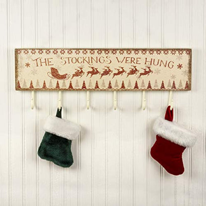 Rustic Christmas Stocking Holder Wall Hook Board - 20" x 5" with 6 Hooks - The Stockings Were Hung