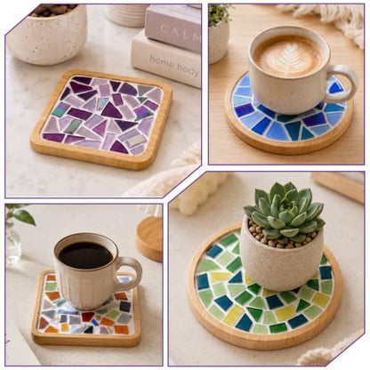 DIY Mosaic Coaster Kit with Glass Tiles and Wooden Coasters - 4 Pieces