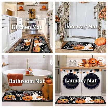 Halloween Kitchen Rugs Set of 2 - Non Slip Pumpkin Cats Ghosts 17x47.2 +17x30 Inches