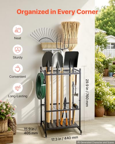 Small Garden Tool Organizer Rack with 35 Slots & Hooks - Metal Garage Storage