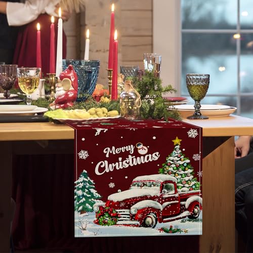 Red Truck Xmas Tree Snowflake Christmas Table Runner 13x72 Inch - Holiday Kitchen Decor - Red Truck1