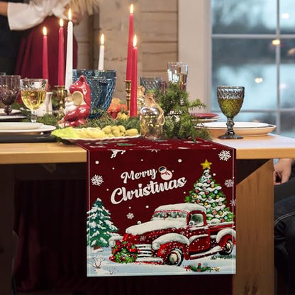 Red Truck Xmas Tree Snowflake Christmas Table Runner 13x72 Inch - Holiday Kitchen Decor - Red Truck1