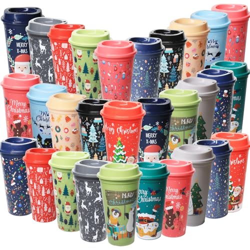30 Pack Christmas Reusable Coffee Cups with Lids 16oz - Holiday Plastic Tumblers for Hot & Cold Drinks - Festive Gift Set for Women Teachers Friends - Chic Variation