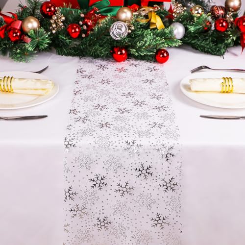 Silver Snowflake Table Runner 49 Feet - Sparkly Metallic Christmas Decor - Variation of Silver Snowflake / 49FT