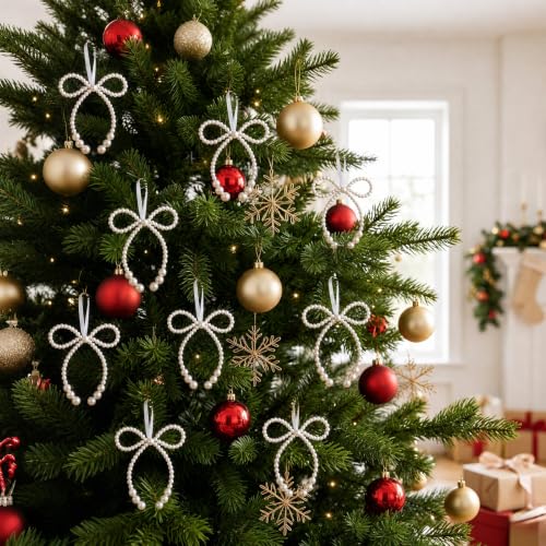 8Pcs Christmas Pearl Bow Ornaments for Tree & Holiday Decor
