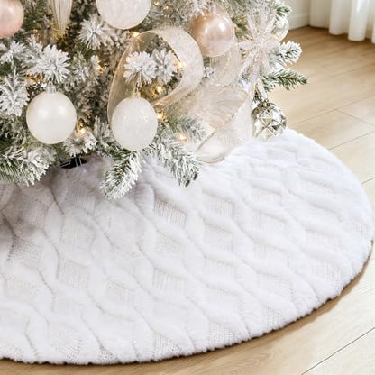Cream Knitted Christmas Tree Skirt 24 Inch Plush Faux Fur Decor Collar